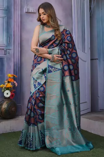 dark blue silk blend saree with zari work