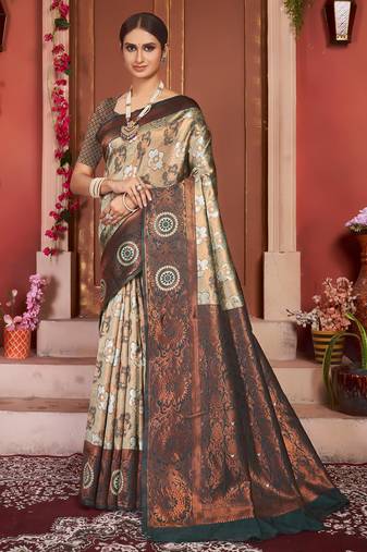  dark cream self design silk cotton saree with unstitched blouse