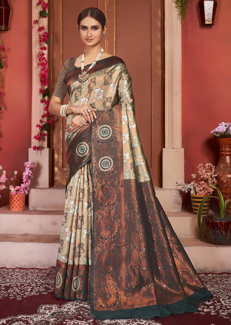  dark cream self design silk cotton saree with unstitched blouse