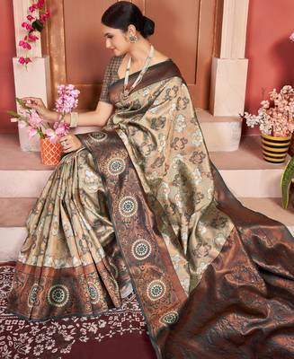 dark cream silk cotton saree with woven design 2
