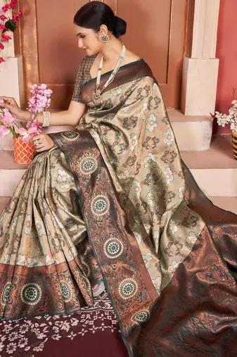 dark cream silk cotton saree with woven design