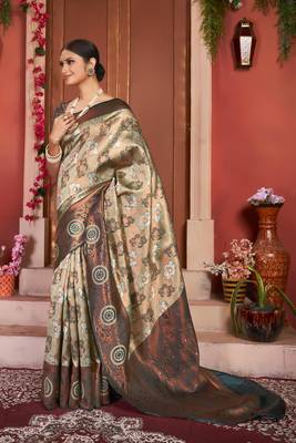 dark cream silk cotton saree with woven design 3