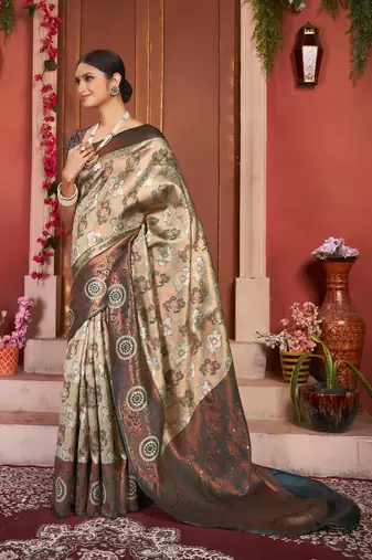 dark cream silk cotton saree with woven design