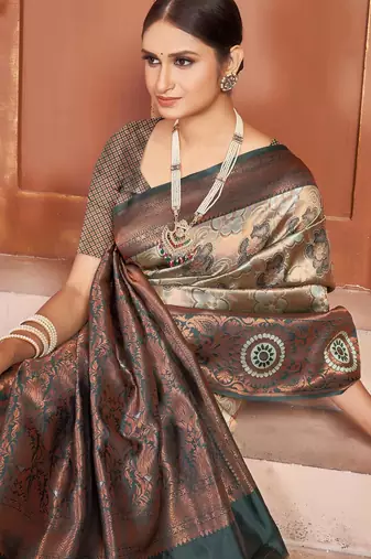 dark cream silk cotton saree with woven design