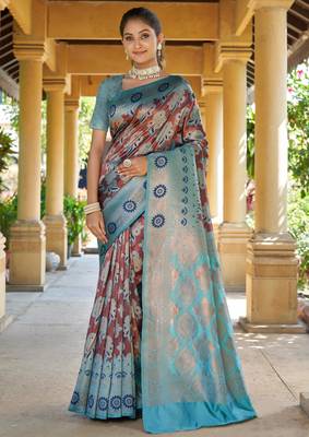 brown jacquard art silk saree with woven design 1