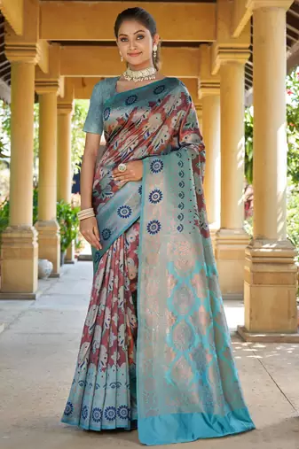  brown jacquard art silk fancy saree with unstitched blouse