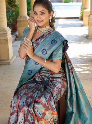 brown jacquard art silk saree with woven design 2