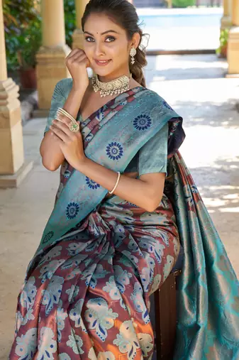 brown jacquard art silk saree with woven design
