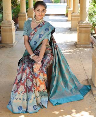 brown jacquard art silk saree with woven design 3