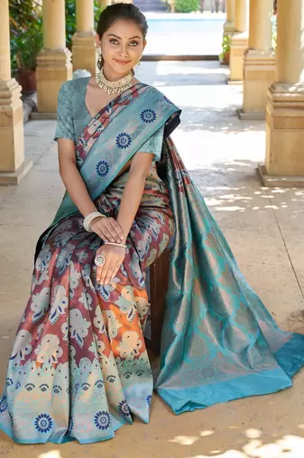 brown jacquard art silk saree with woven design