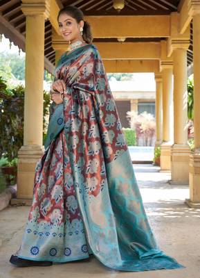 brown jacquard art silk saree with woven design 4