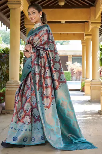 brown jacquard art silk saree with woven design