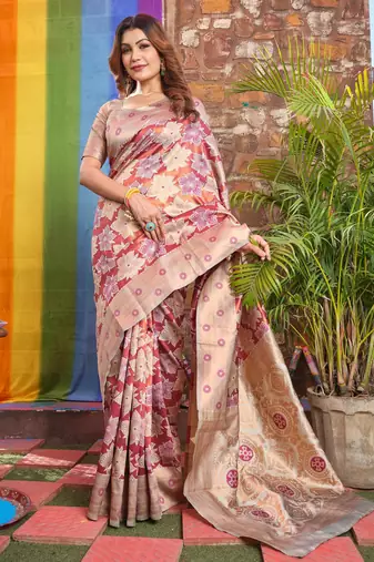 Designer cream banarasi silk blend light weight saree with unstitched blouse