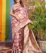  cream banarasi silk blend light weight saree with unstitched blouse