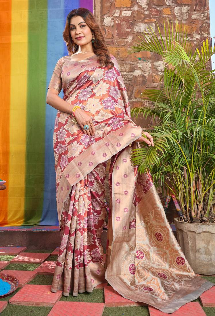  cream banarasi silk blend light weight saree with unstitched blouse