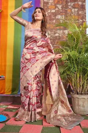 cream silk blend saree with zari woven work