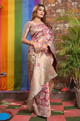 cream silk blend saree with zari woven work