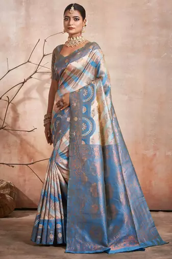 Pure cream  self design silk blend multicolor saree with unstitched blouse