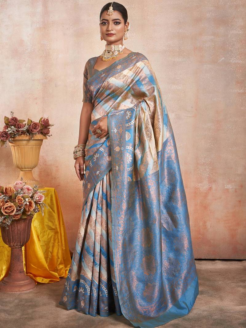 Pure cream self design silk blend multicolor saree with unstitched blouse
