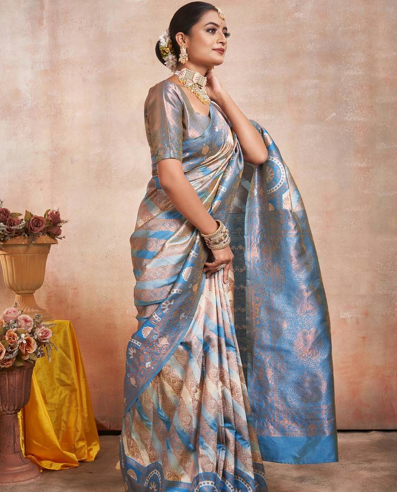 Pure cream self design silk blend multicolor saree with unstitched blouse
