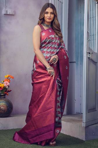Light weight grey self design silk all seasons saree with unstitched blouse