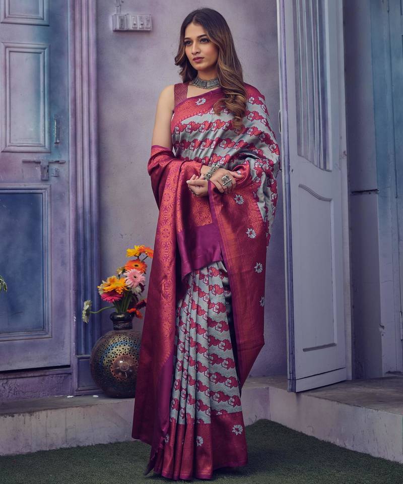 Light weight grey self design silk all seasons saree with unstitched blouse