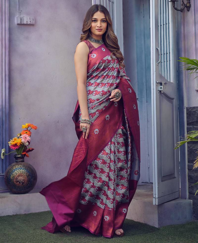 Light weight grey self design silk all seasons saree with unstitched blouse