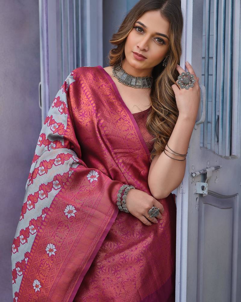 Light weight grey self design silk all seasons saree with unstitched blouse