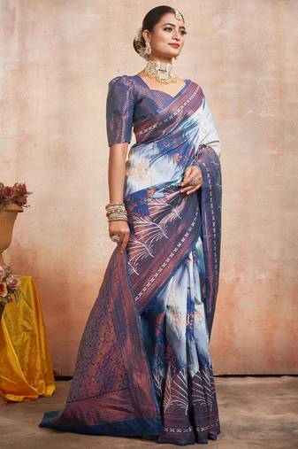 Embellished cream jacquard silk all seasons saree with unstitched blouse