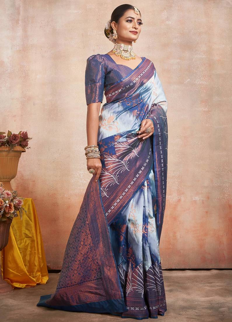 Embellished cream jacquard silk all seasons saree with unstitched blouse