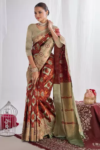 Indian maroon self design art silk jacquard saree with unstitched blouse