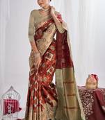 Indian maroon self design art silk jacquard saree with unstitched blouse