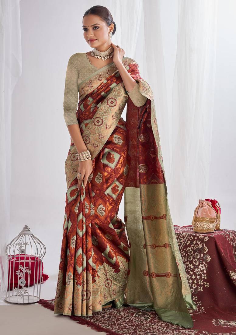 Indian maroon self design art silk jacquard saree with unstitched blouse