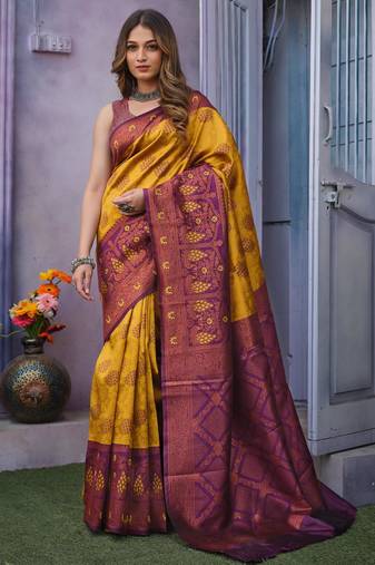  dark yellow jacquard silk blend light weight saree with unstitched blouse