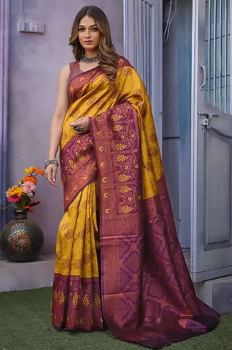 New collection dark yellow jacquard silk blend light weight saree with unstitched blouse