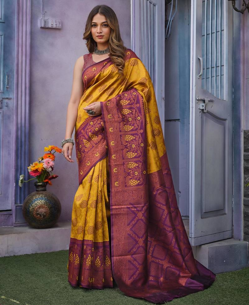  dark yellow jacquard silk blend light weight saree with unstitched blouse