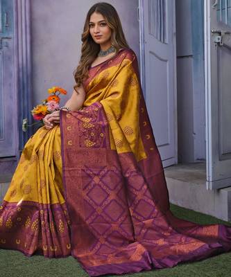 dark yellow silk blend jacquard woven lightweight saree 2