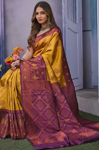 dark yellow silk blend jacquard woven lightweight saree