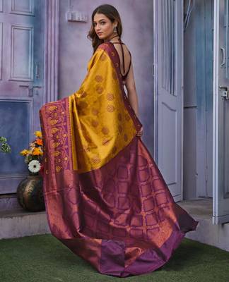 dark yellow silk blend jacquard woven lightweight saree 3