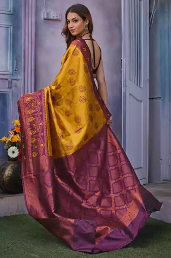 dark yellow silk blend jacquard woven lightweight saree