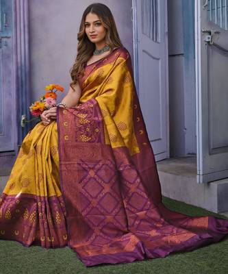 dark yellow silk blend jacquard woven lightweight saree 4