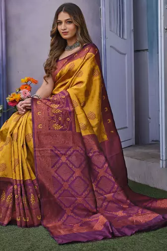 dark yellow silk blend jacquard woven lightweight saree
