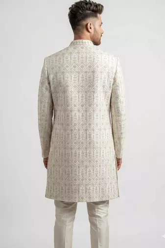cream art silk sherwani set with thread work