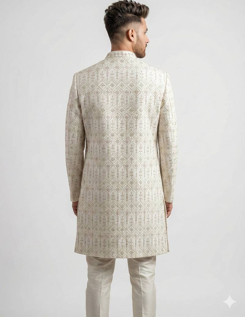 cream art silk sherwani set with thread work