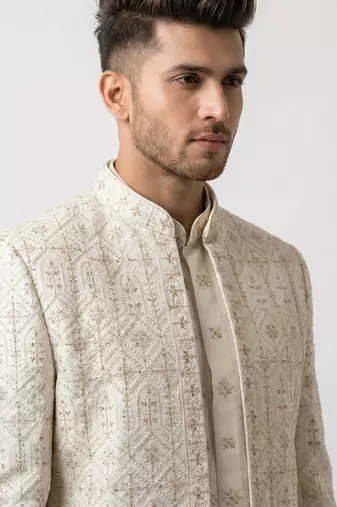 cream art silk sherwani set with thread work