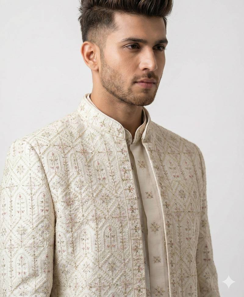 cream art silk sherwani set with thread work
