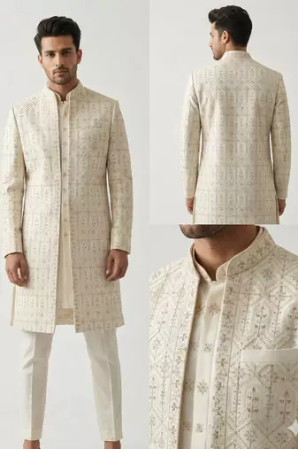 cream art silk sherwani set with thread work