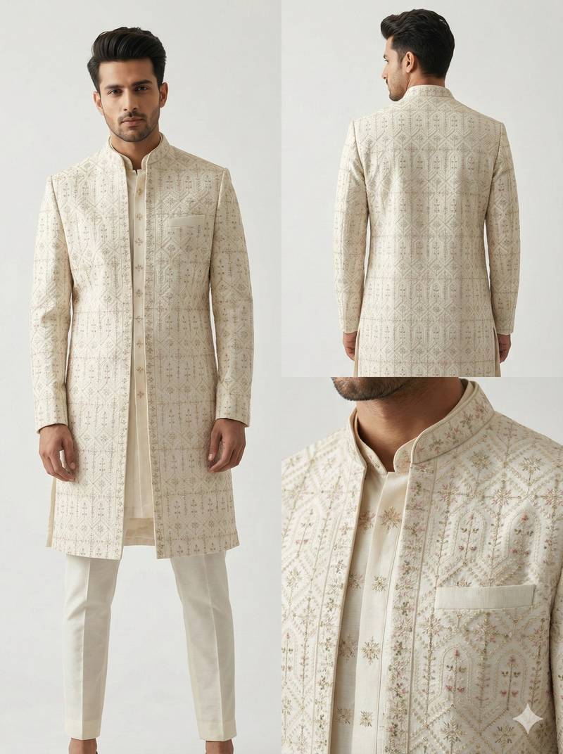 cream art silk sherwani set with thread work