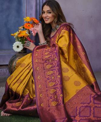 dark yellow silk blend jacquard woven lightweight saree 5