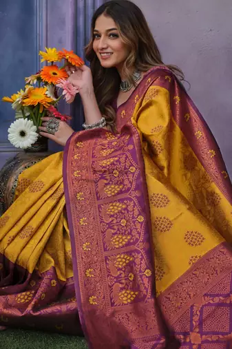dark yellow silk blend jacquard woven lightweight saree
